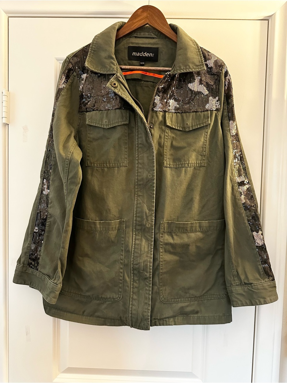 Madden NYC Olive Sequin Utility Military Jacket Fall XL